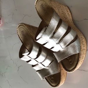 Born cork heeled wedge sandals pewter leather 7